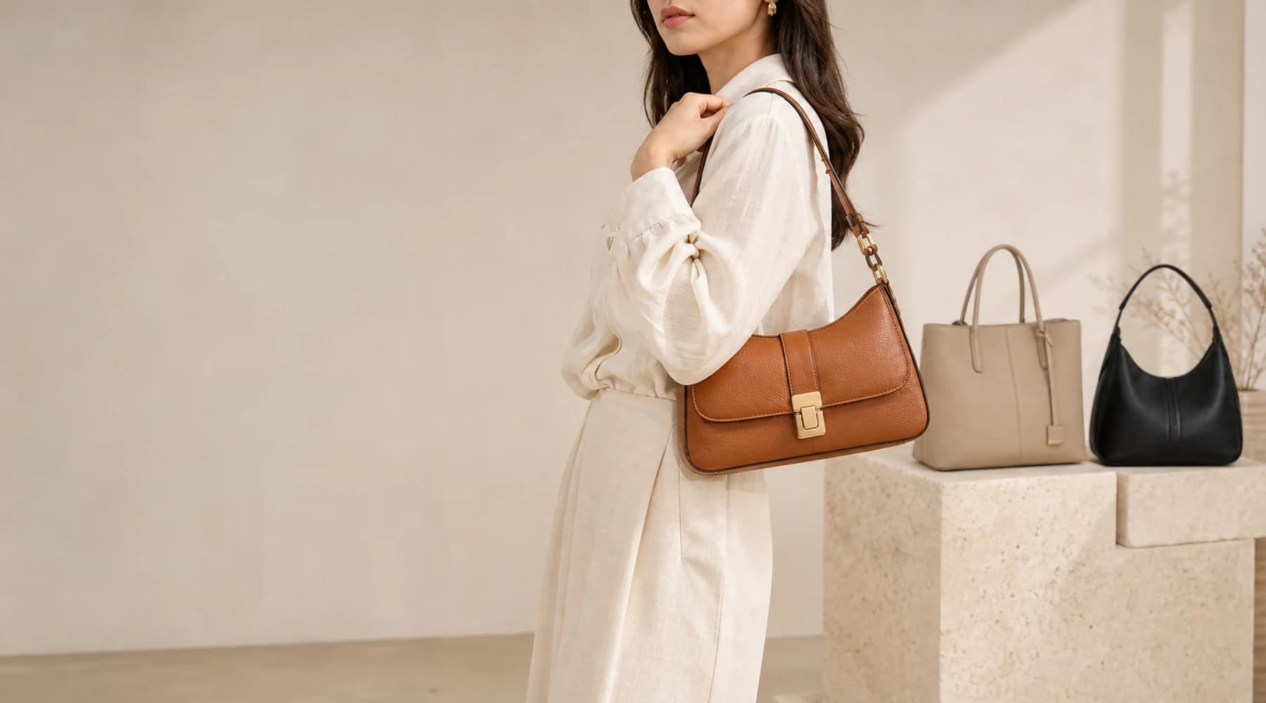 Model carrying a camel shoulder handbag with neutral handbags in a premium studio