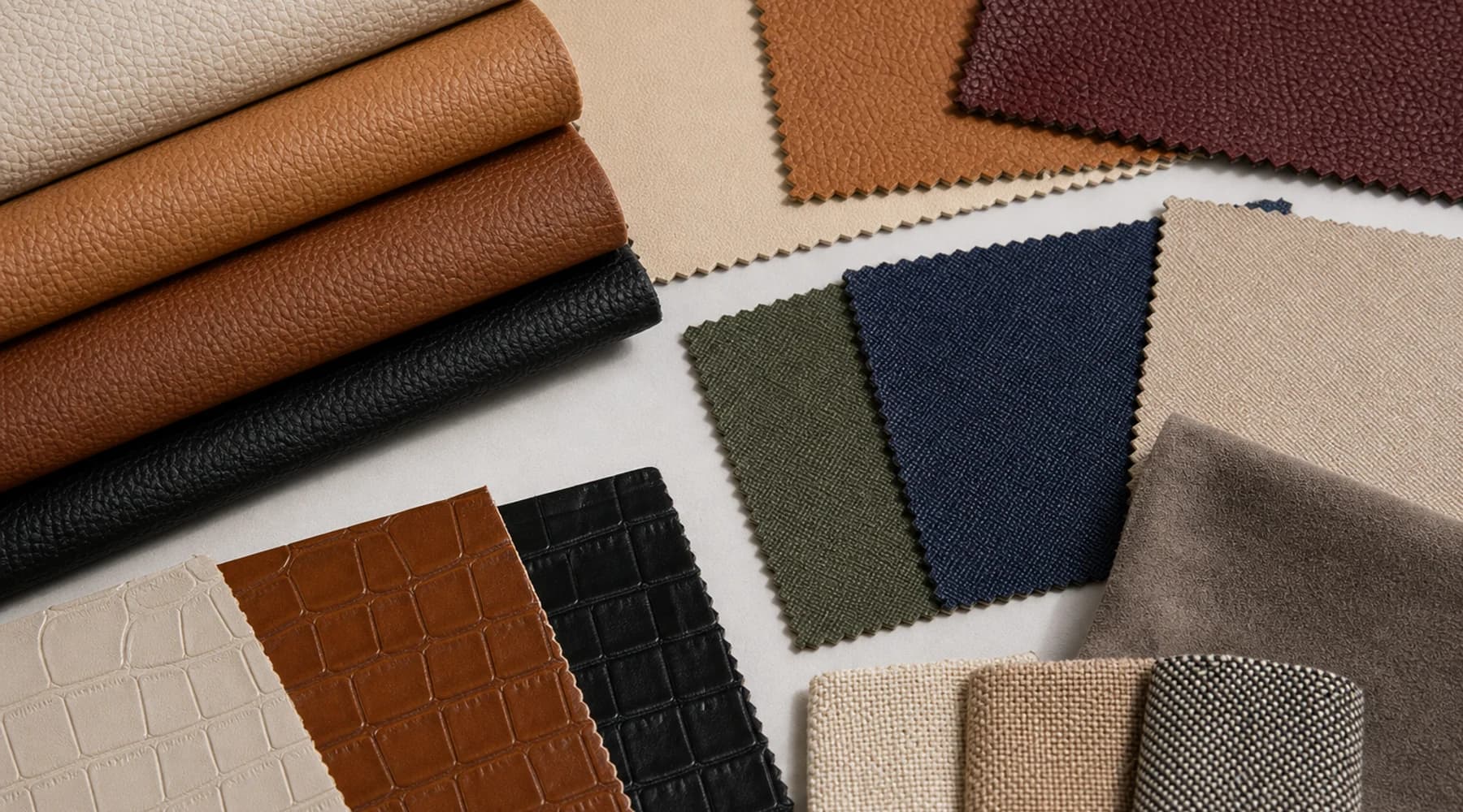 Close up handbag leather texture swatches with pebbled saffiano croc canvas and suede materials