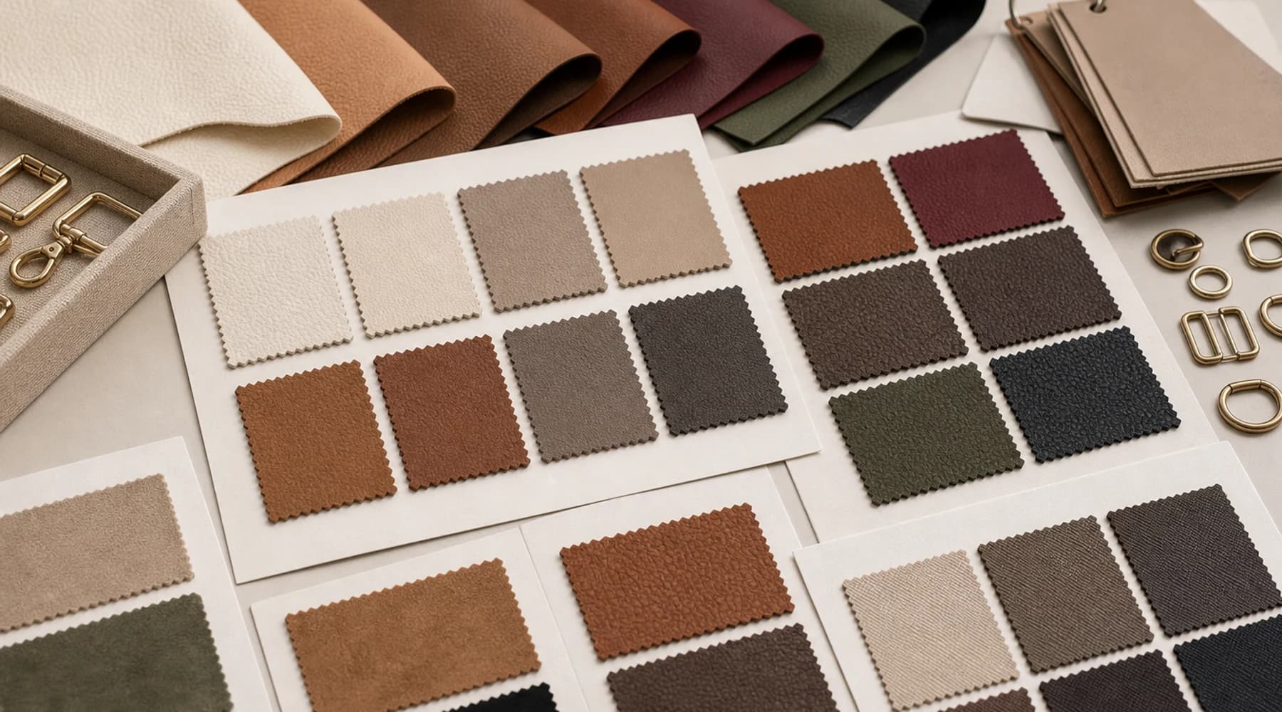Handbag material color card board with leather swatches and hardware samples